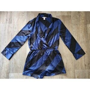 VICTORIA'S SECRET Navy Blue Striped Romper Size S Long Sleeve Pockets No Belt